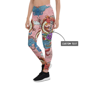 Personalisierte Damen Sportleggings Japanisches Design Drache & Koi Muster Pink Blau Fitness Leggings I275 - XL