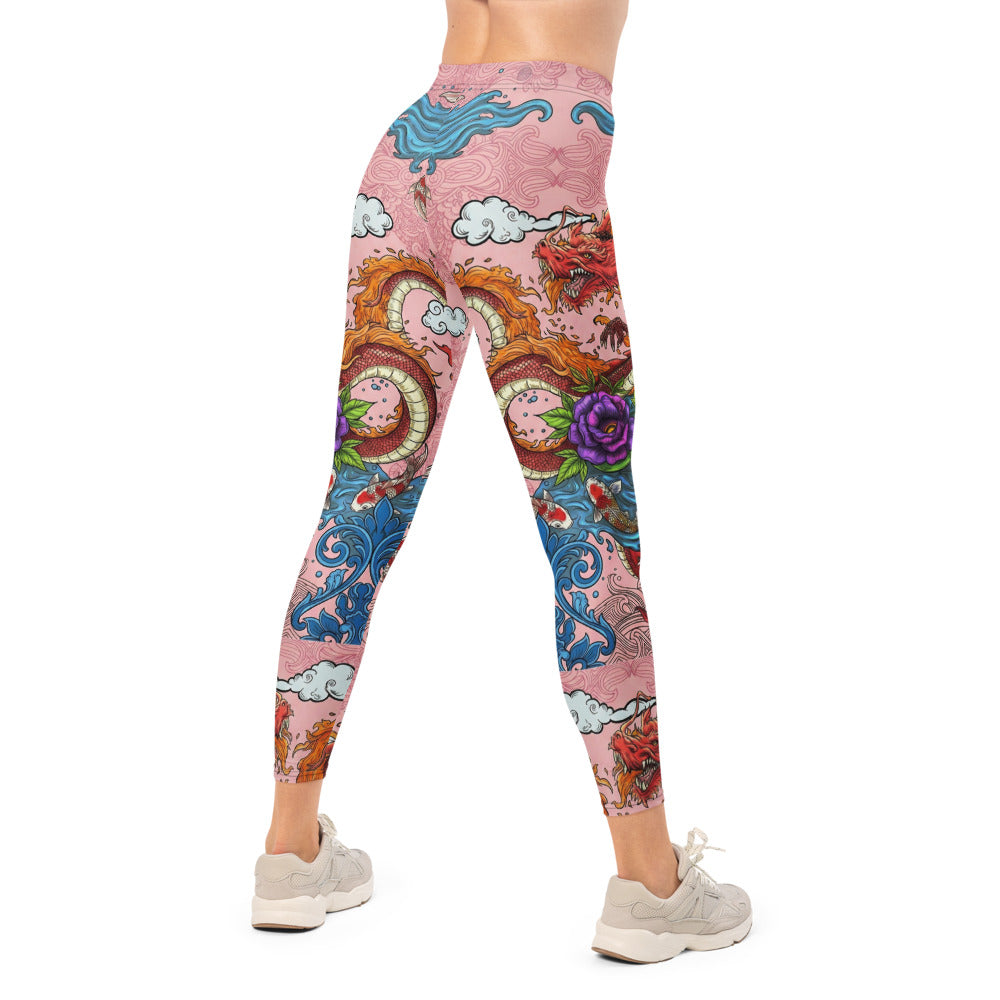 Personalisierte Damen Sportleggings Japanisches Design Drache & Koi Muster Pink Blau Fitness Leggings I275