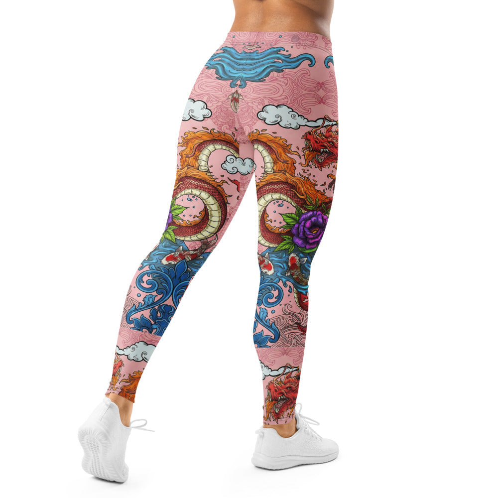 Personalisierte Damen Sportleggings Japanisches Design Drache & Koi Muster Pink Blau Fitness Leggings I275
