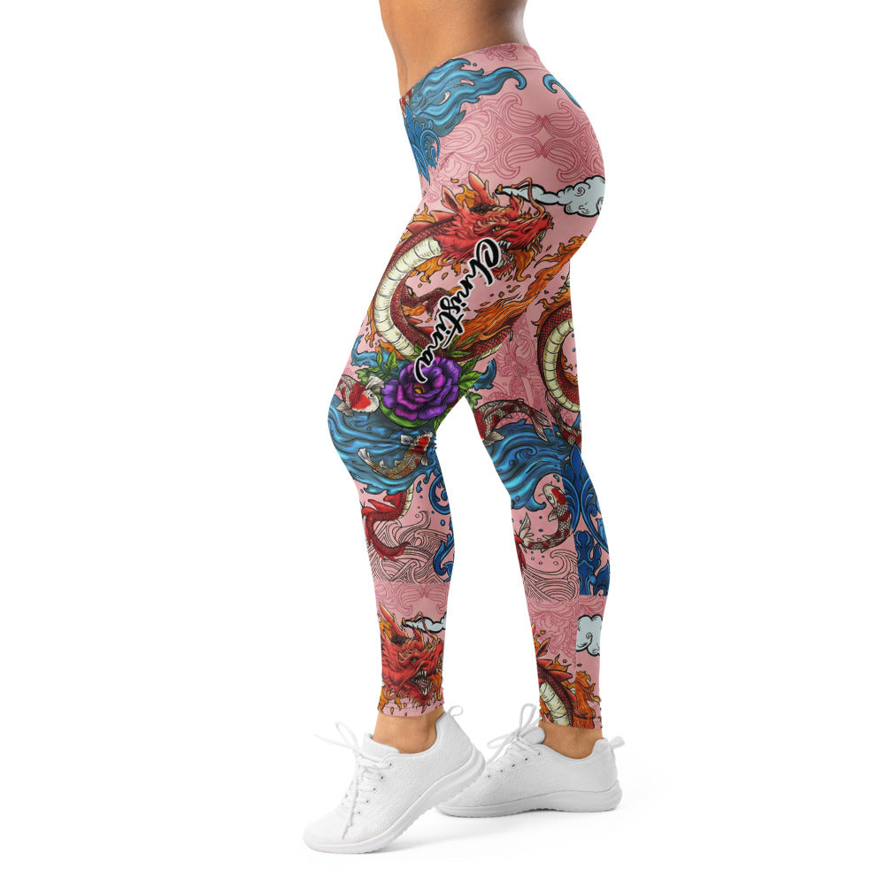 Personalisierte Damen Sportleggings Japanisches Design Drache & Koi Muster Pink Blau Fitness Leggings I275