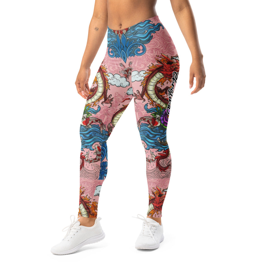 Personalisierte Damen Sportleggings Japanisches Design Drache & Koi Muster Pink Blau Fitness Leggings I275