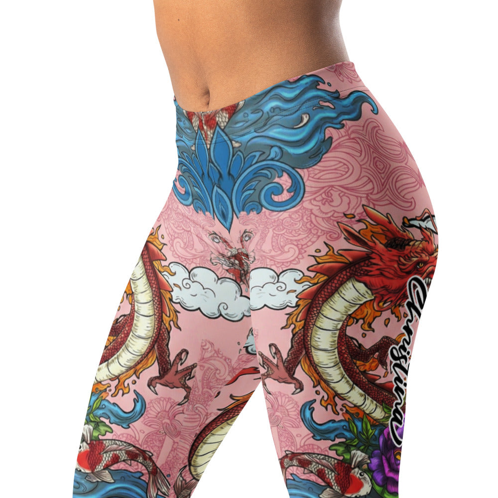 Personalisierte Damen Sportleggings Japanisches Design Drache & Koi Muster Pink Blau Fitness Leggings I275