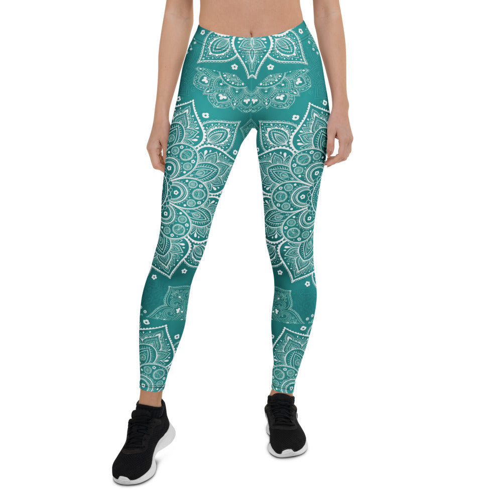 Personalisierte Yoga Leggings Damen Mandala Muster Petrol Türkis Fitnesshose Sportleggings T348