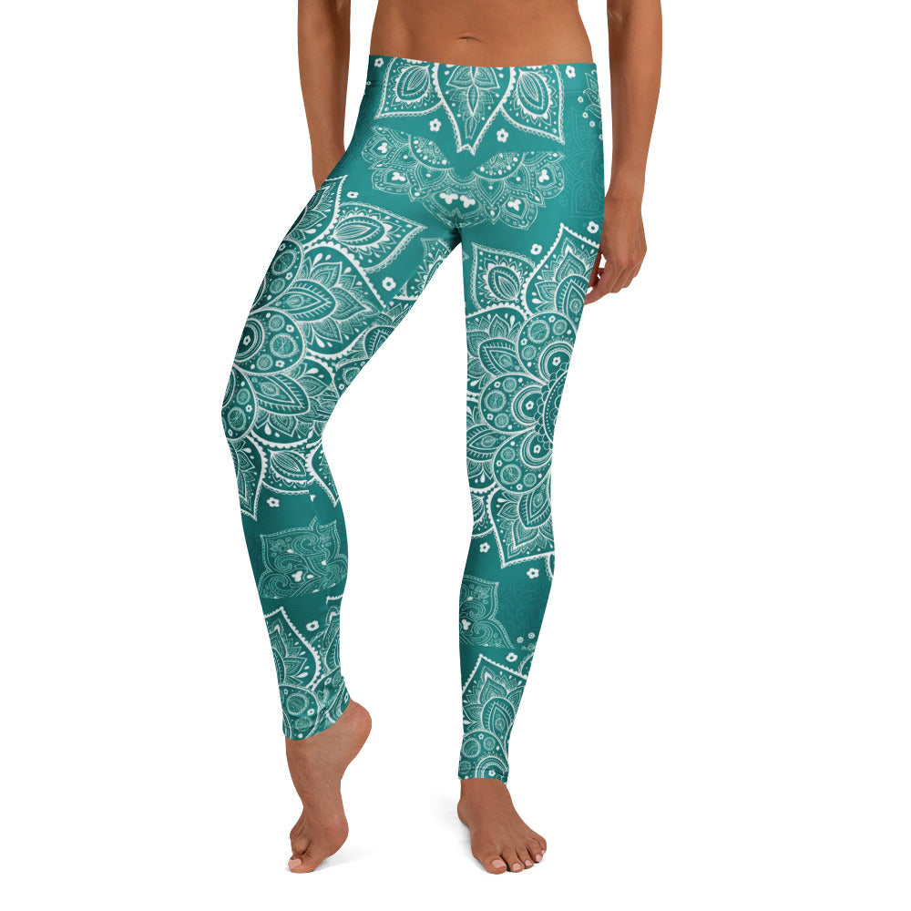 Personalisierte Yoga Leggings Damen Mandala Muster Petrol Türkis Fitnesshose Sportleggings T348