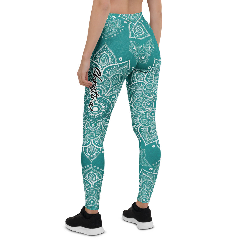Personalisierte Yoga Leggings Damen Mandala Muster Petrol Türkis Fitnesshose Sportleggings T348