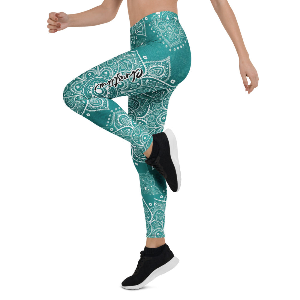 Personalisierte Yoga Leggings Damen Mandala Muster Petrol Türkis Fitnesshose Sportleggings T348