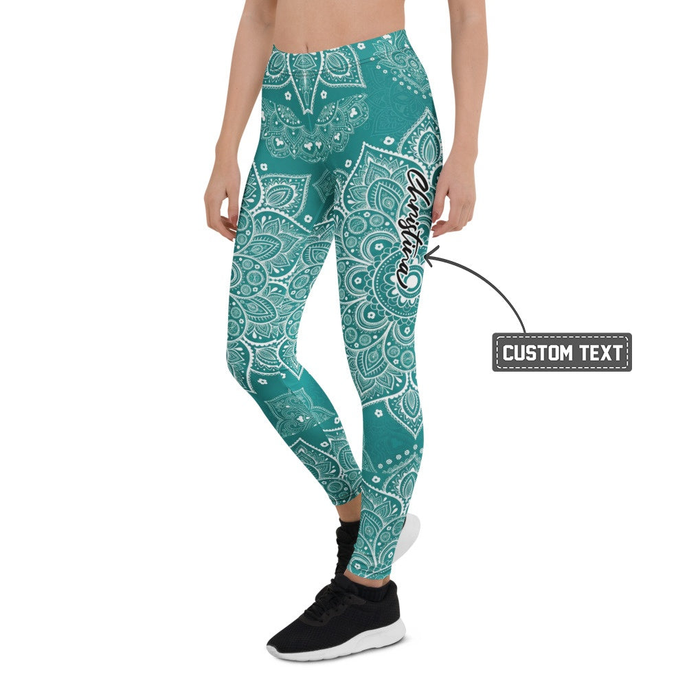 Personalisierte Yoga Leggings Damen Mandala Muster Petrol Türkis Fitnesshose Sportleggings T348 - XL