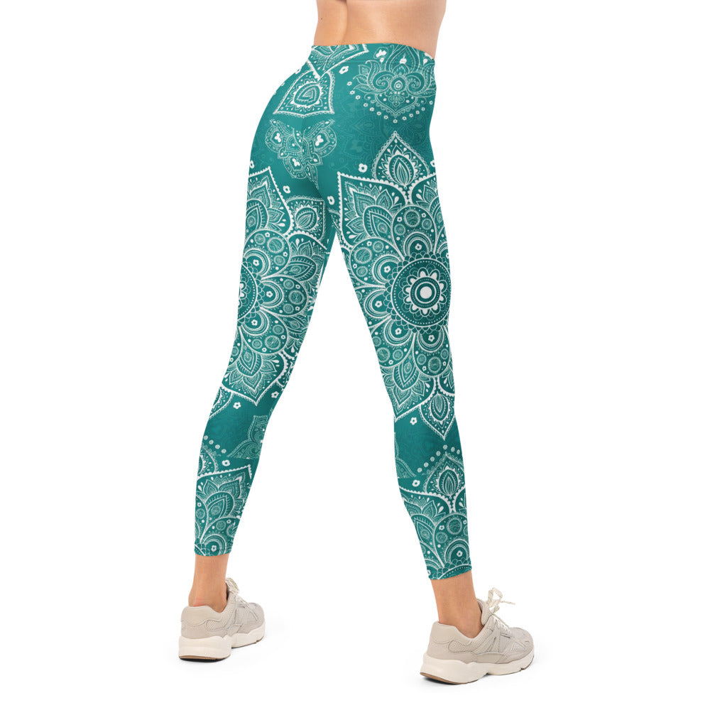 Personalisierte Yoga Leggings Damen Mandala Muster Petrol Türkis Fitnesshose Sportleggings T348