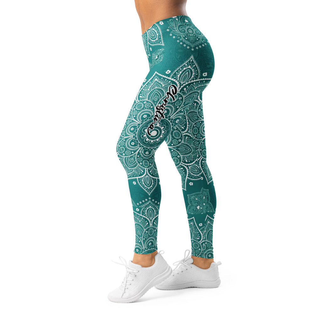 Personalisierte Yoga Leggings Damen Mandala Muster Petrol Türkis Fitnesshose Sportleggings T348