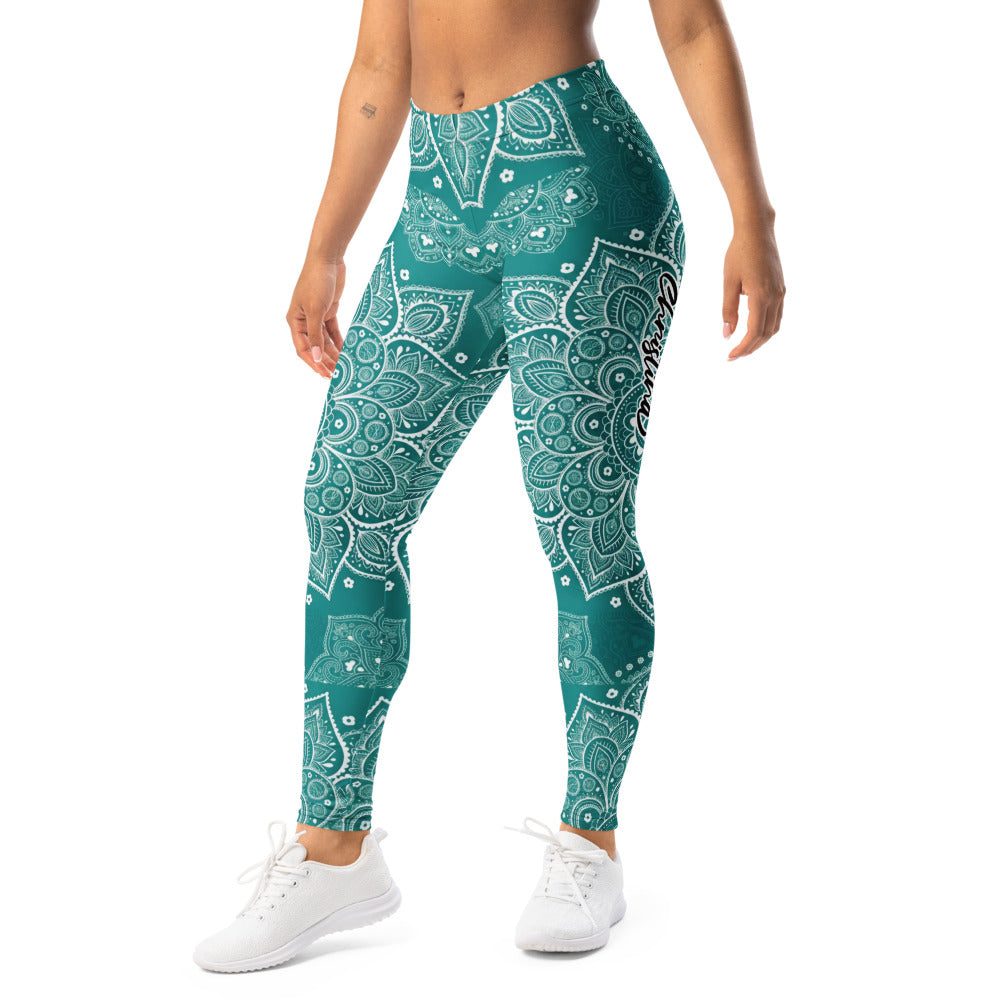 Personalisierte Yoga Leggings Damen Mandala Muster Petrol Türkis Fitnesshose Sportleggings T348