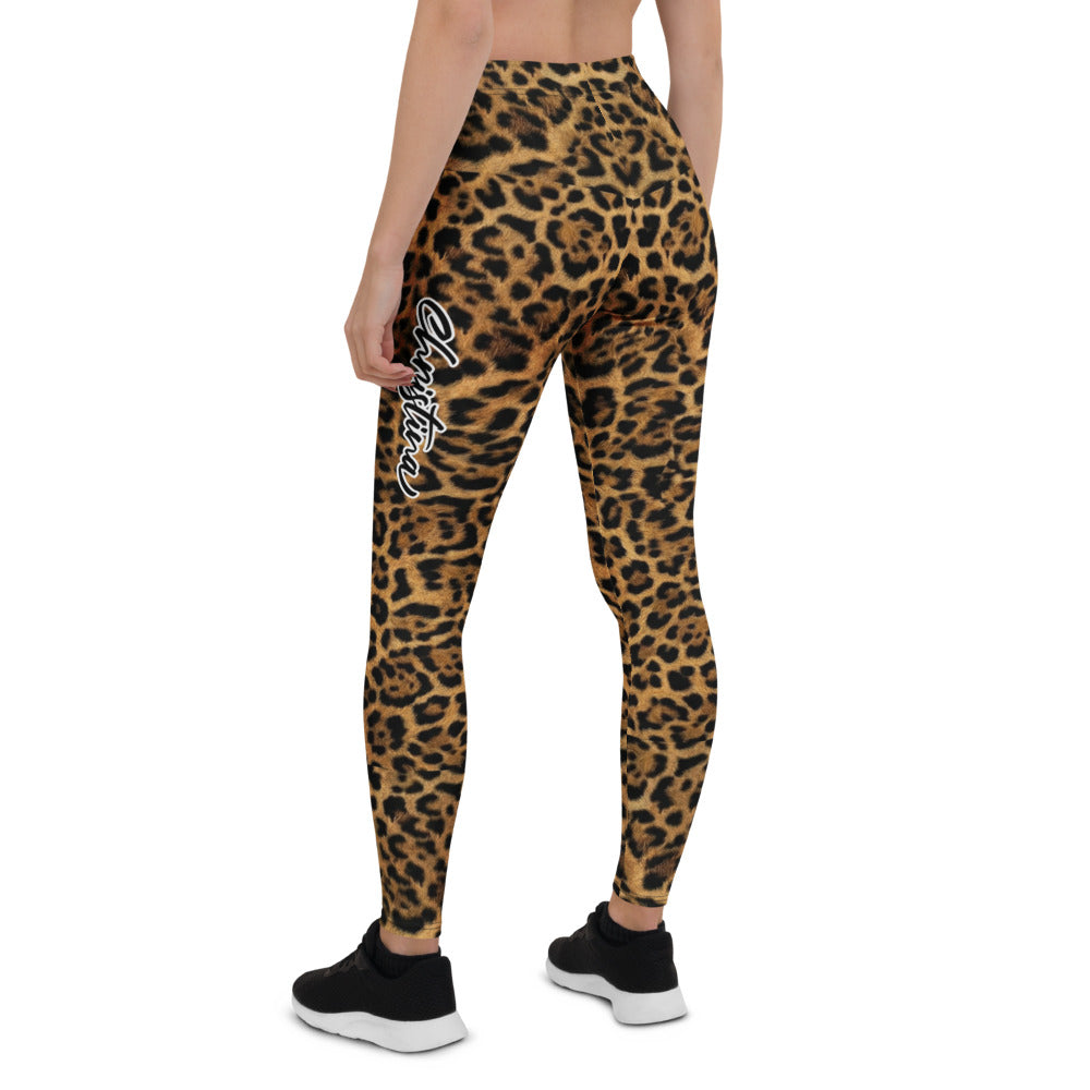 Personalisierte Damen Sportleggings Leopardenmuster Braun Schwarz Fitness Yoga Leggings Leo Print U698