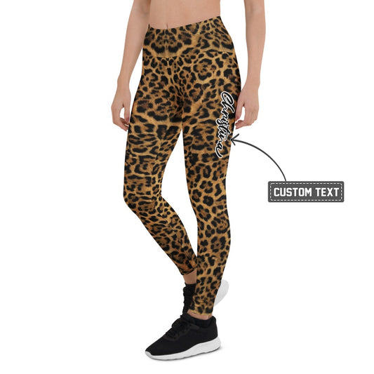 Personalisierte Damen Sportleggings Leopardenmuster Braun Schwarz Fitness Yoga Leggings Leo Print U698 - XL