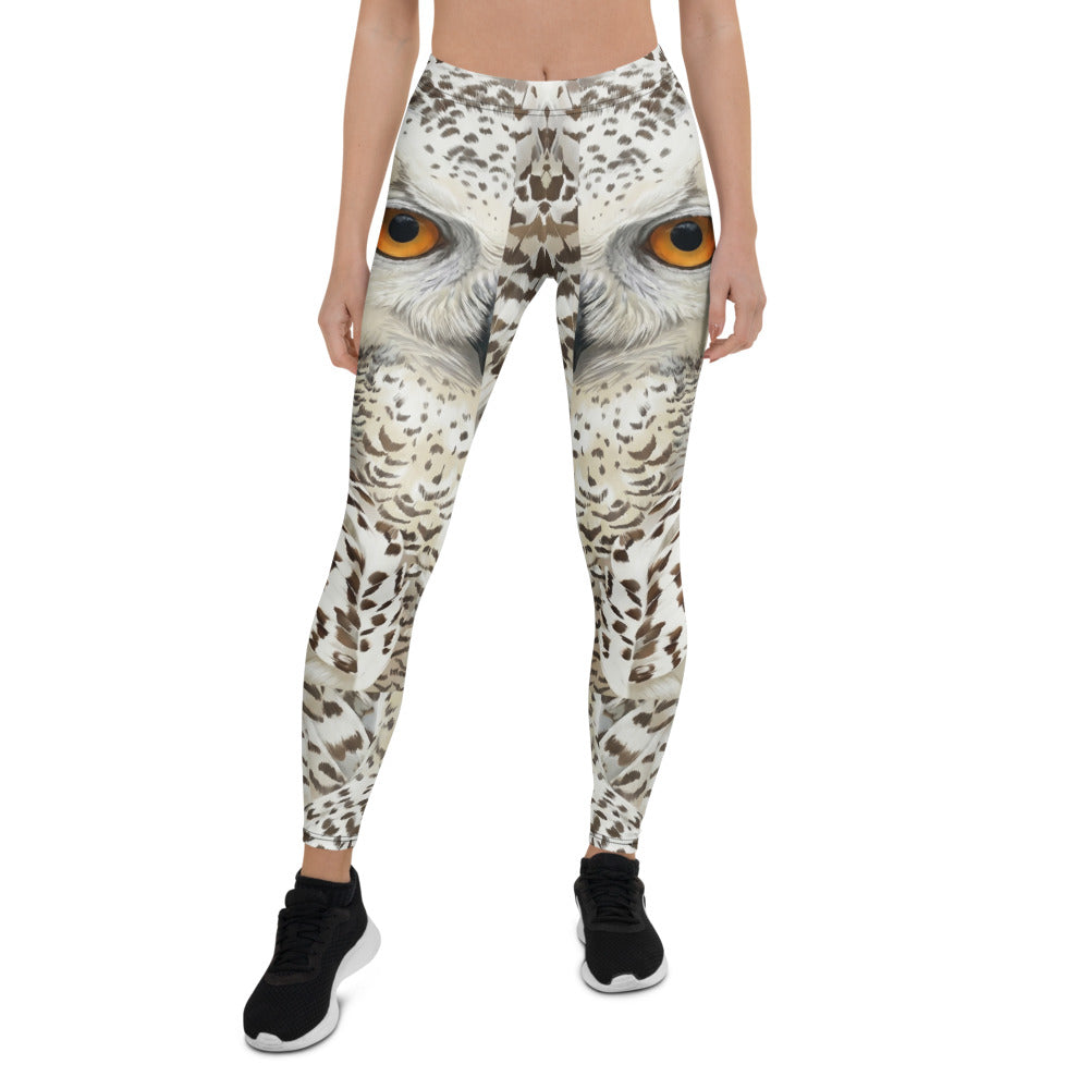 Personalisierte Damen Sportleggings Schneeeule Design Weiß Grau Fitness Leggings Eulenaugen Tierprint F841