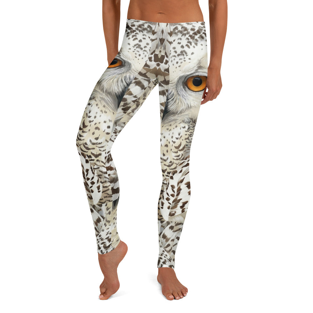 Personalisierte Damen Sportleggings Schneeeule Design Weiß Grau Fitness Leggings Eulenaugen Tierprint F841