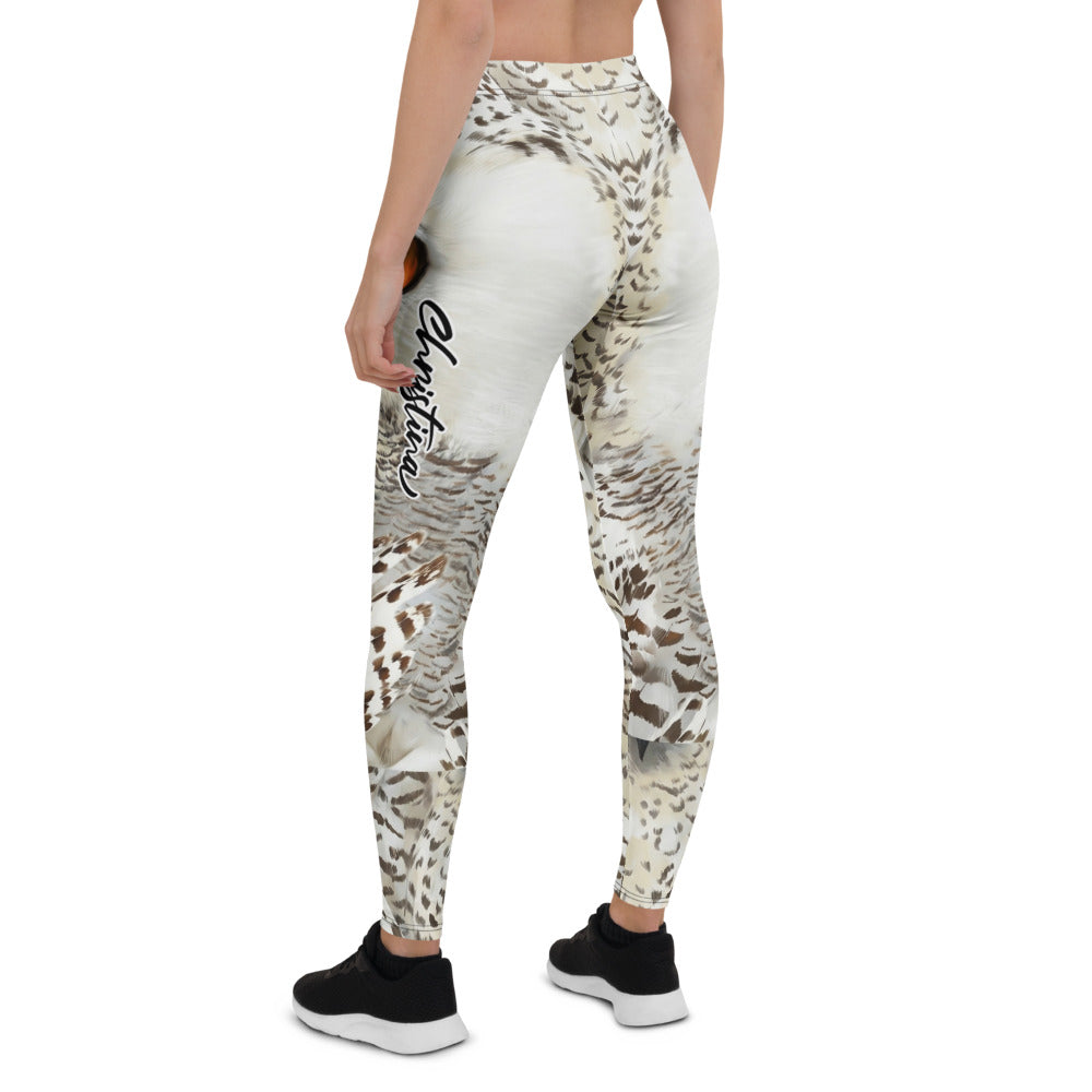 Personalisierte Damen Sportleggings Schneeeule Design Weiß Grau Fitness Leggings Eulenaugen Tierprint F841