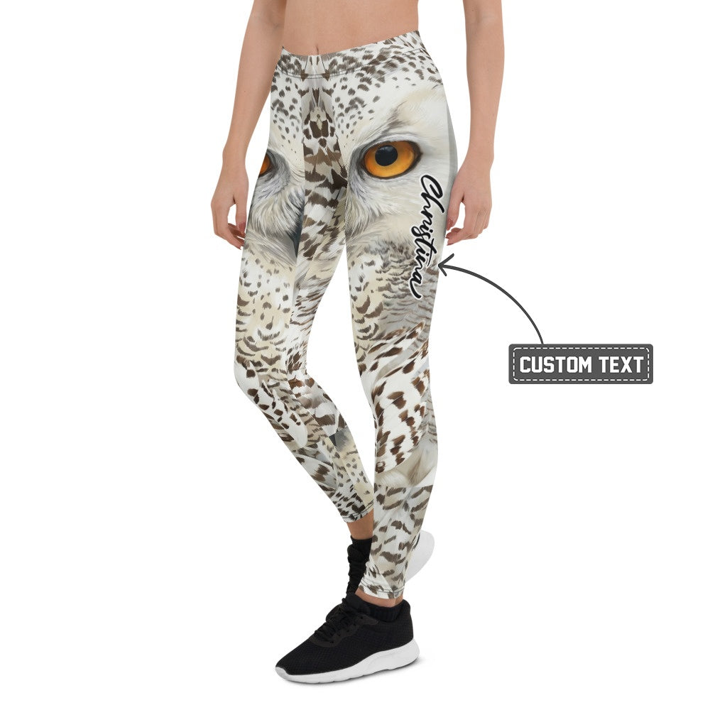 Personalisierte Damen Sportleggings Schneeeule Design Weiß Grau Fitness Leggings Eulenaugen Tierprint F841 - XL