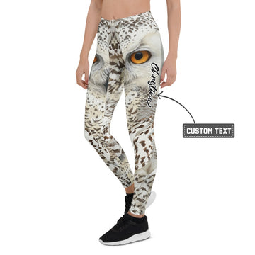 Personalisierte Damen Sportleggings Schneeeule Design Weiß Grau Fitness Leggings Eulenaugen Tierprint F841 - XL