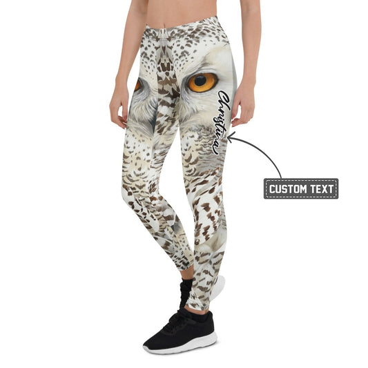 Personalisierte Damen Sportleggings Schneeeule Design Weiß Grau Fitness Leggings Eulenaugen Tierprint F841 - XL