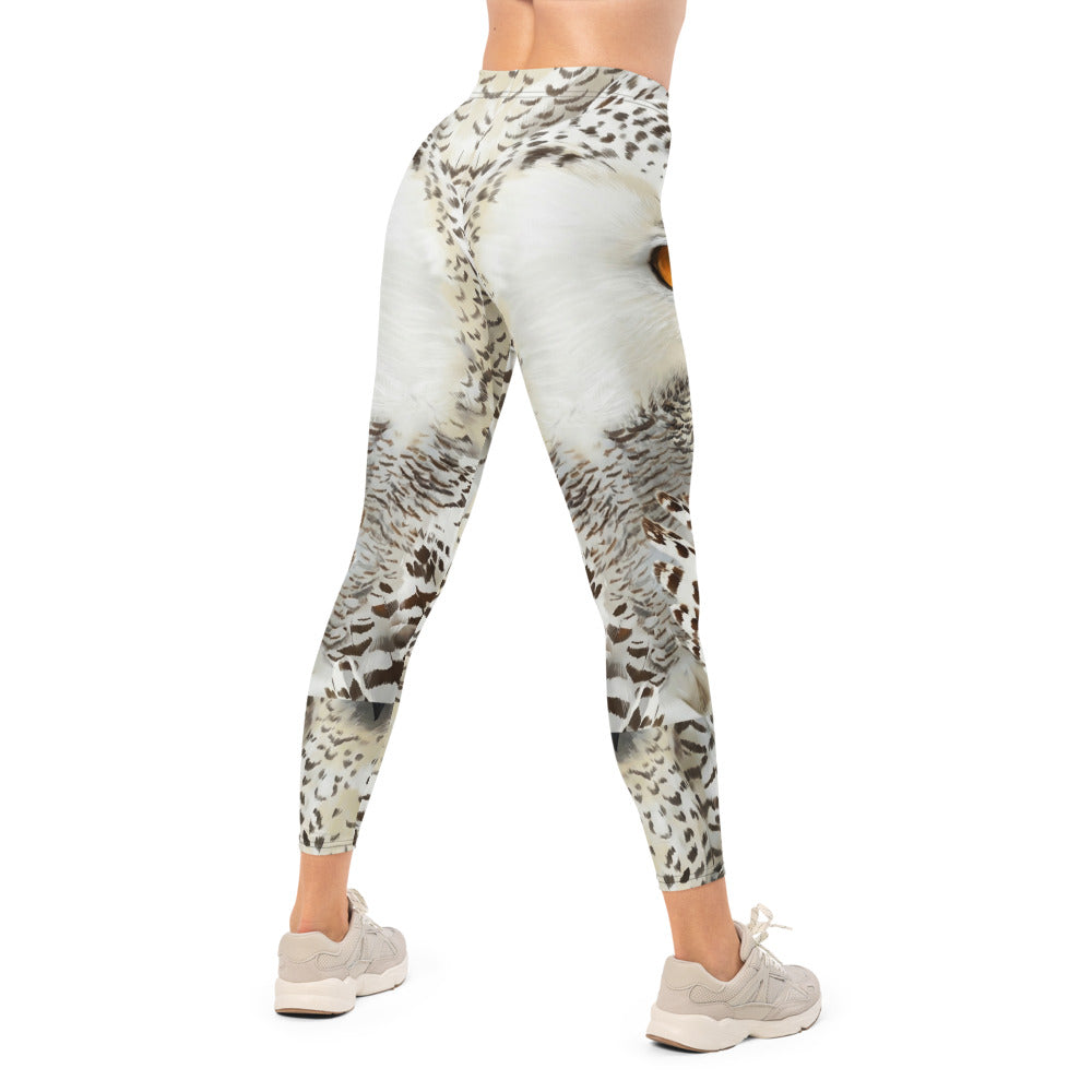 Personalisierte Damen Sportleggings Schneeeule Design Weiß Grau Fitness Leggings Eulenaugen Tierprint F841