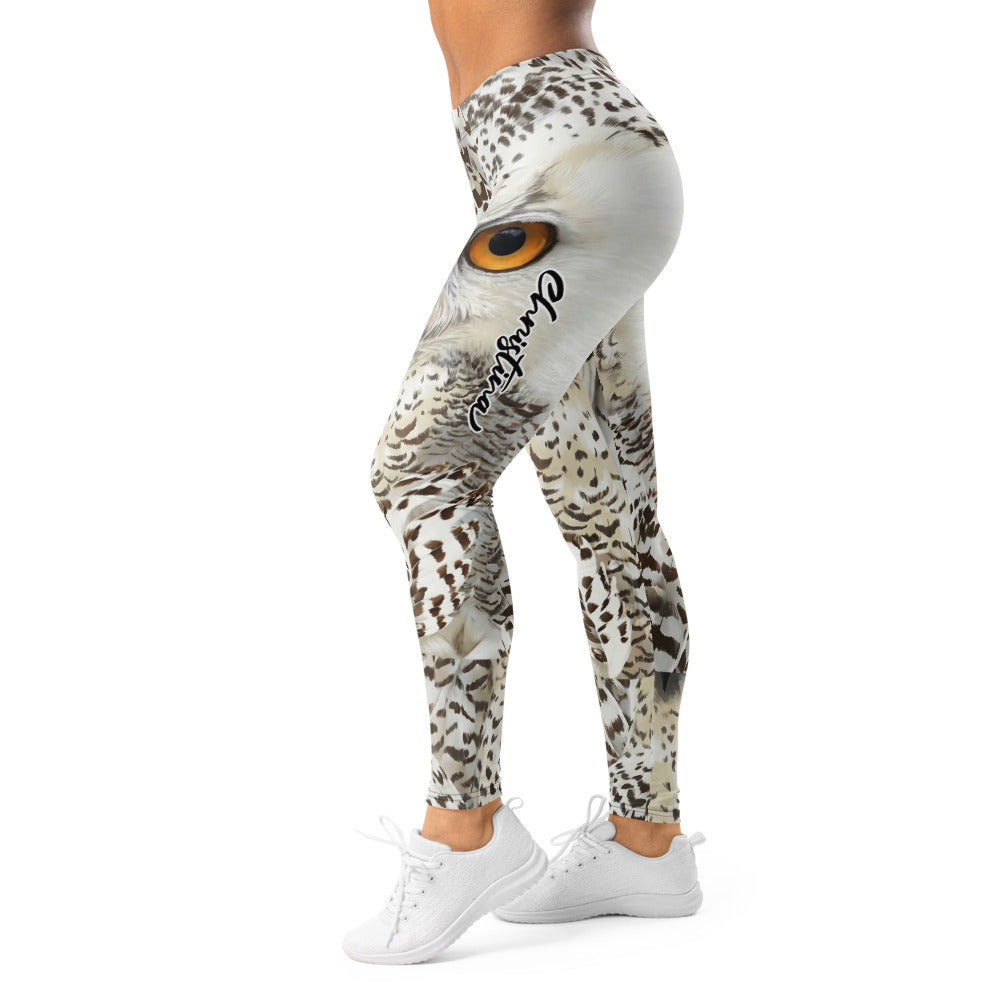 Personalisierte Damen Sportleggings Schneeeule Design Weiß Grau Fitness Leggings Eulenaugen Tierprint F841