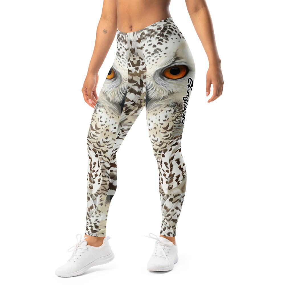 Personalisierte Damen Sportleggings Schneeeule Design Weiß Grau Fitness Leggings Eulenaugen Tierprint F841