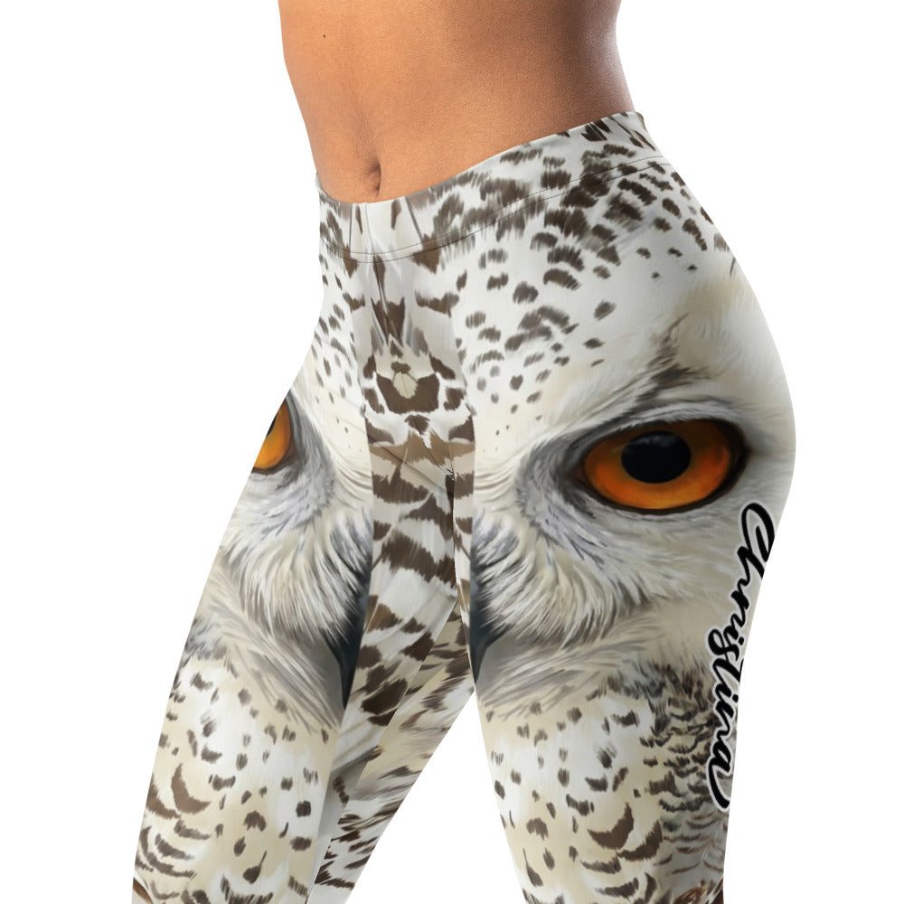 Personalisierte Damen Sportleggings Schneeeule Design Weiß Grau Fitness Leggings Eulenaugen Tierprint F841
