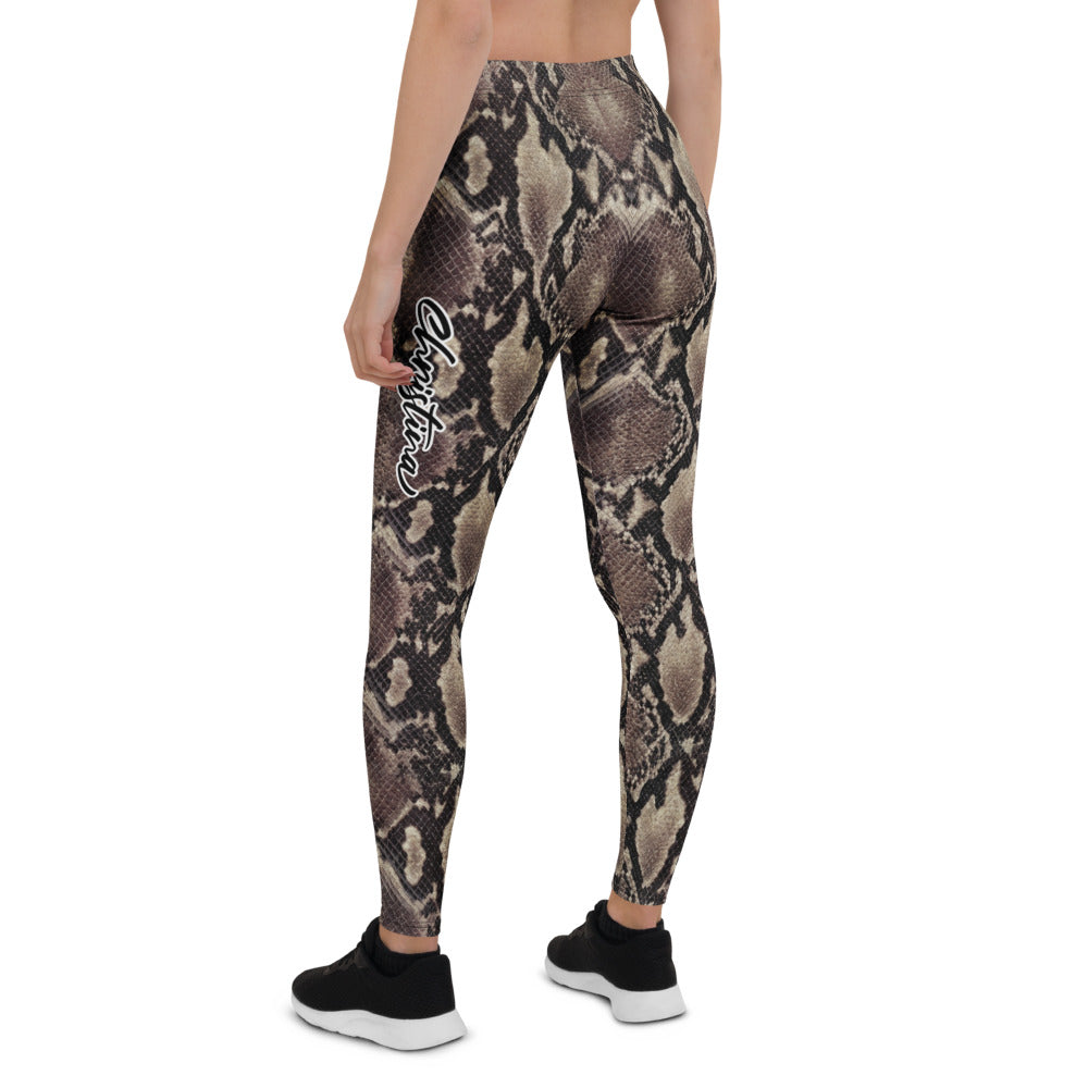 Personalisierte Damen Sportleggings Schlangenmuster Python Design Fitness Leggings Yoga Hose Braun Grau O612