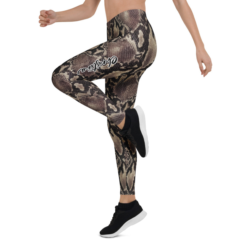 Personalisierte Damen Sportleggings Schlangenmuster Python Design Fitness Leggings Yoga Hose Braun Grau O612