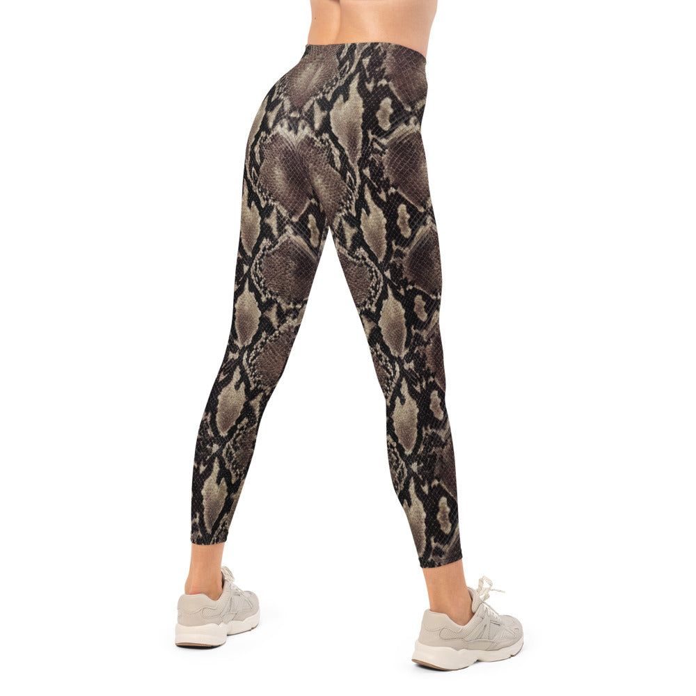 Personalisierte Damen Sportleggings Schlangenmuster Python Design Fitness Leggings Yoga Hose Braun Grau O612