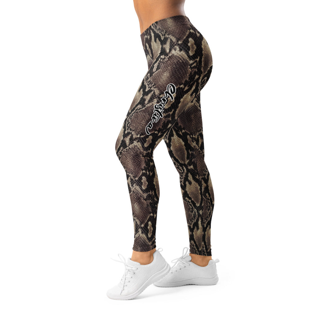 Personalisierte Damen Sportleggings Schlangenmuster Python Design Fitness Leggings Yoga Hose Braun Grau O612