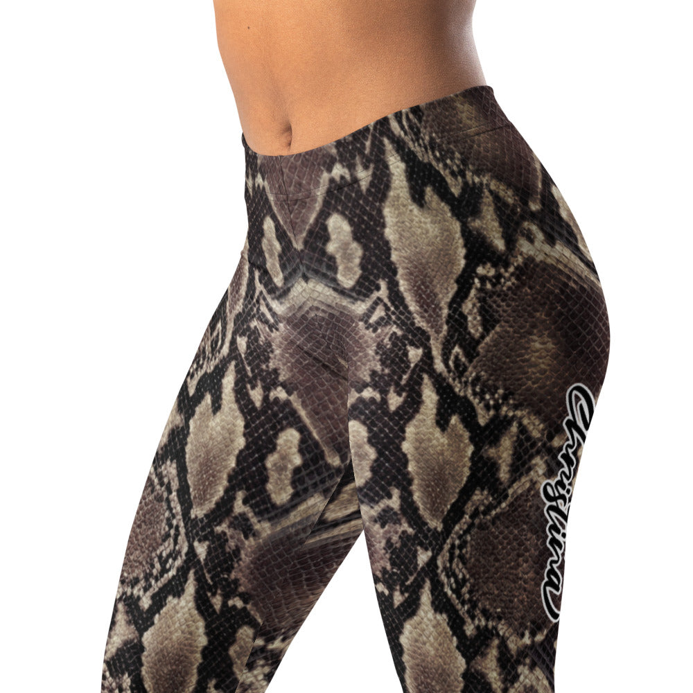 Personalisierte Damen Sportleggings Schlangenmuster Python Design Fitness Leggings Yoga Hose Braun Grau O612