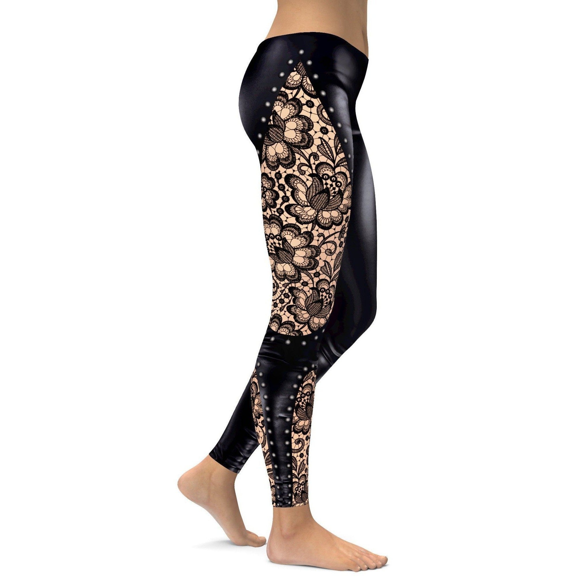 Faux-Leder-Leggings mit Spitzenmuster C581
