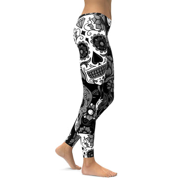 Schwarz-Weiß Zuckerschädel Leggings I132